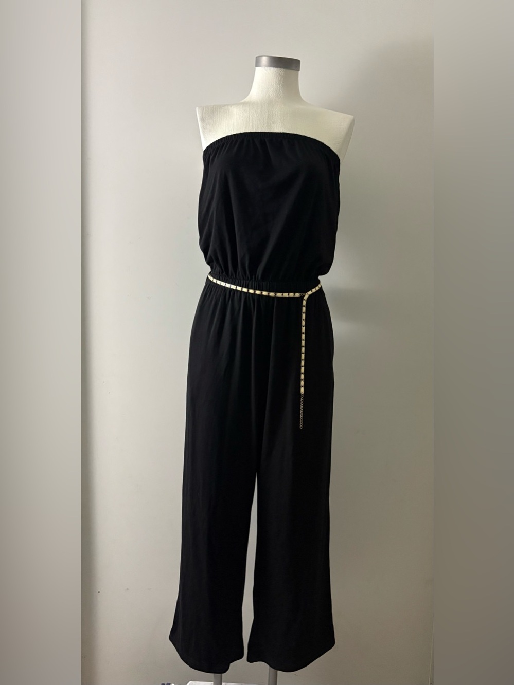 Zesica Strapless Black Jumpsuit with Chain Detail